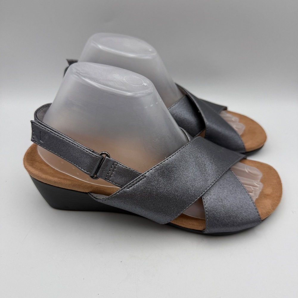 Vionic Mckenna Wedge Sandals Womens 8 Wide Pewter Metallic Crisscross Slingback - Picture 3 of 8